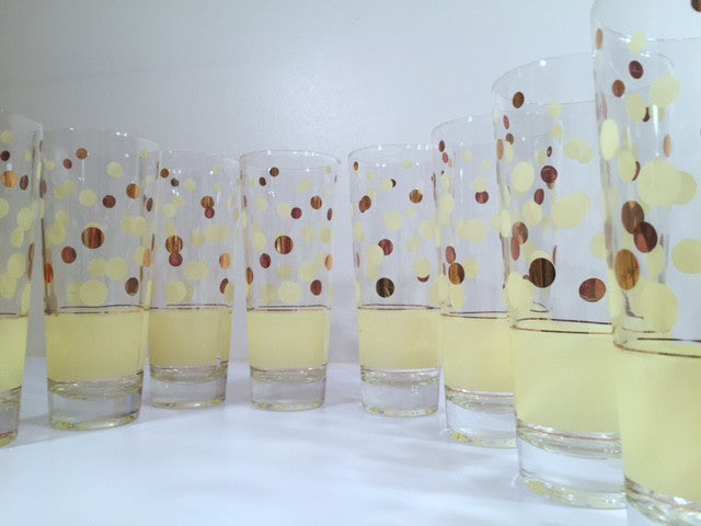 Fred Press Signed Mid-Century Yellow and 22-Karat Gold Polka Dot Tall Collins Glasses (Set of 7)