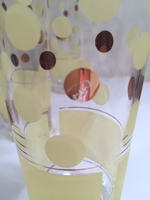 Fred Press Signed Mid-Century Yellow and 22-Karat Gold Polka Dot Tall Collins Glasses (Set of 7)