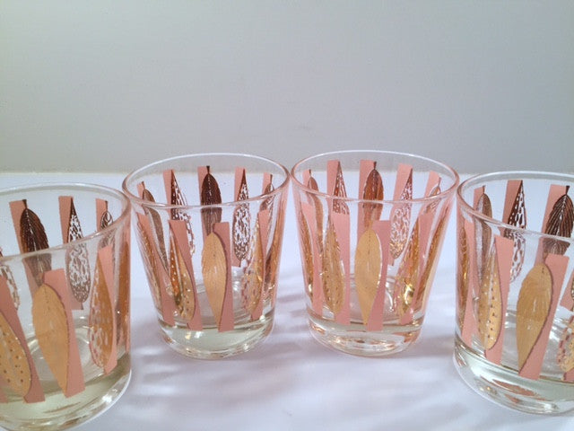 Fred Press Signed Mid-Century Pink and Clear 22-Karat Gold Leaves Whiskey Glasses (Set of 4)