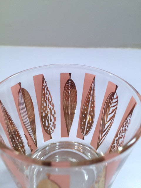 Fred Press Signed Mid-Century Pink and Clear 22-Karat Gold Leaves Whiskey Glasses (Set of 4)