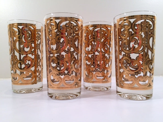 Georges Briard - Signed Mid-Century 22-Karat Gold Fleur-De-Lis Highball Glasses (Set of 4)