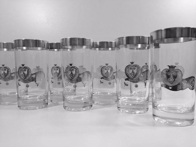 Georges Briard Signed Mid-Century Sterling Silver Lion Highball Glasses (Set of 8)