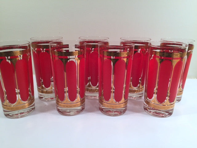 Fred Press Signed Mid-Century Red Stripes & 22-Karat Gold Crown Highball Glasses with Carrier (8 Glasses and Carrier)