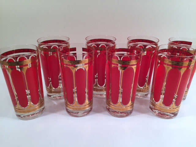 Fred Press Signed Mid-Century Red Stripes & 22-Karat Gold Crown Highball Glasses with Carrier (8 Glasses and Carrier)