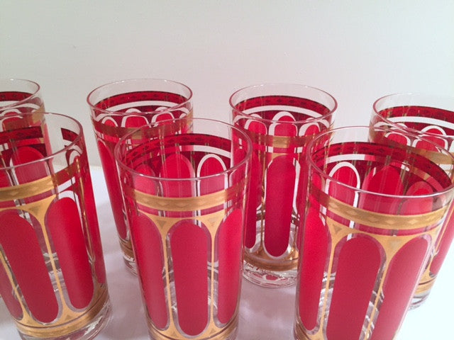 Fred Press Signed Mid-Century Red Stripes & 22-Karat Gold Crown Highball Glasses with Carrier (8 Glasses and Carrier)
