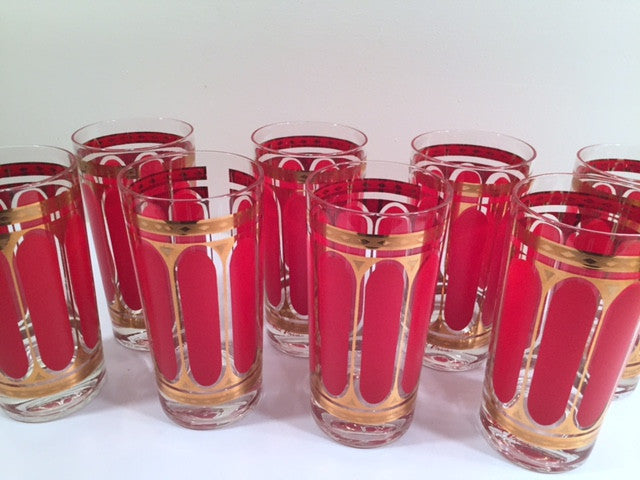 Fred Press Signed Mid-Century Red Stripes & 22-Karat Gold Crown Highball Glasses with Carrier (8 Glasses and Carrier)