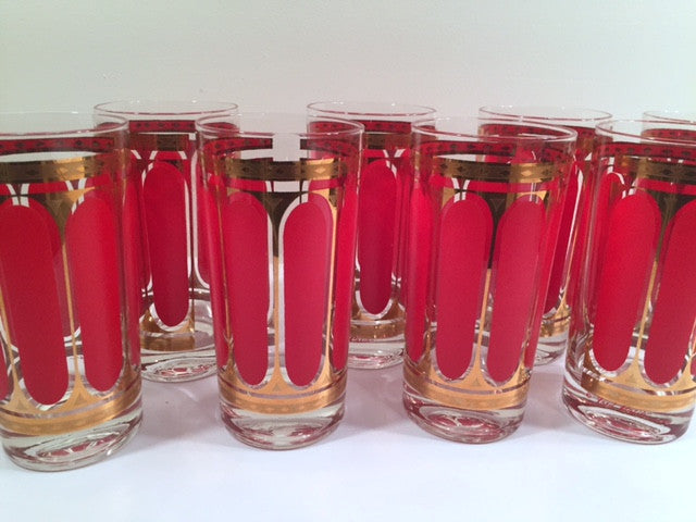 Fred Press Signed Mid-Century Red Stripes & 22-Karat Gold Crown Highball Glasses with Carrier (8 Glasses and Carrier)