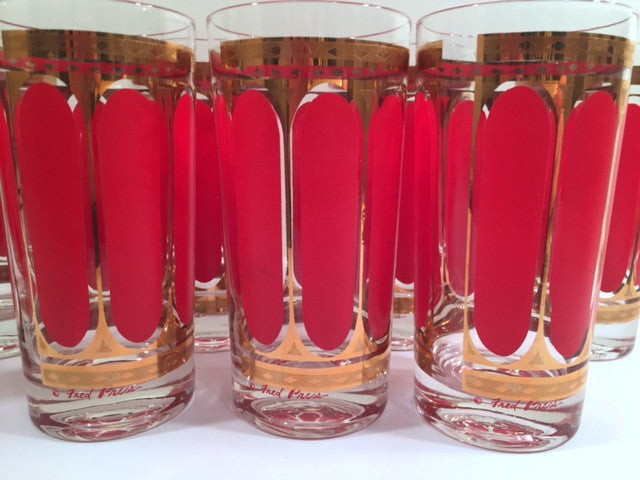 Fred Press Signed Mid-Century Red Stripes & 22-Karat Gold Crown Highball Glasses with Carrier (8 Glasses and Carrier)