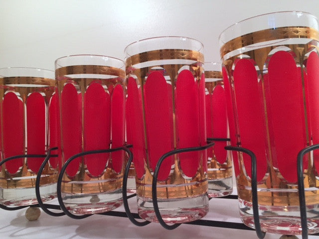 Fred Press Signed Mid-Century Red Stripes & 22-Karat Gold Crown Highball Glasses with Carrier (8 Glasses and Carrier)