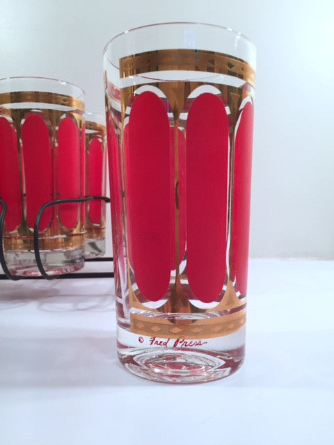 Fred Press Signed Mid-Century Red Stripes & 22-Karat Gold Crown Highball Glasses with Carrier (8 Glasses and Carrier)