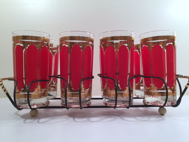 Fred Press Signed Mid-Century Red Stripes & 22-Karat Gold Crown Highball Glasses with Carrier (8 Glasses and Carrier)