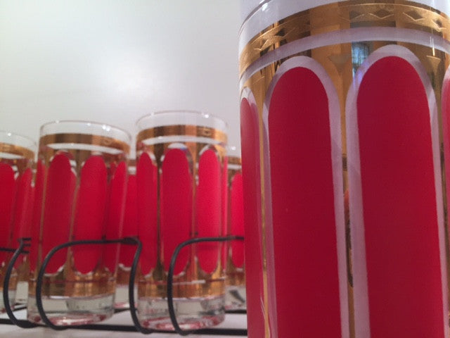 Fred Press Signed Mid-Century Red Stripes & 22-Karat Gold Crown Highball Glasses with Carrier (8 Glasses and Carrier)
