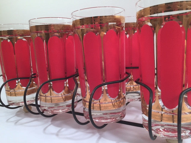 Fred Press Signed Mid-Century Red Stripes & 22-Karat Gold Crown Highball Glasses with Carrier (8 Glasses and Carrier)