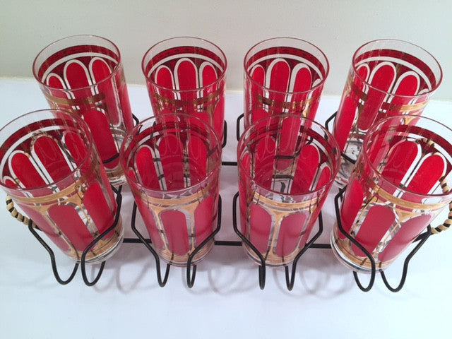 Fred Press Signed Mid-Century Red Stripes & 22-Karat Gold Crown Highball Glasses with Carrier (8 Glasses and Carrier)