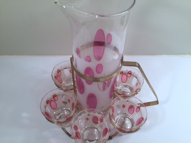Fred Press Signed Mid-Century Classic Pink and Frosted Cocktail Set (6 Glasses & 1 Pitcher & 1 Carrier)