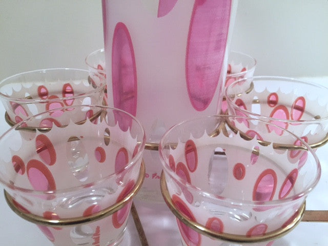 Fred Press Signed Mid-Century Classic Pink and Frosted Cocktail Set (6 Glasses & 1 Pitcher & 1 Carrier)