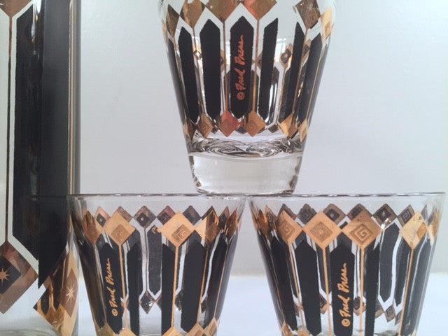 Fred Press Signed Mid-Century Black and 22-Karat Gold Diamonds Retro 8-Piece Cocktail Set (1 Pitcher, 1 Carrier, 6 Glasses)